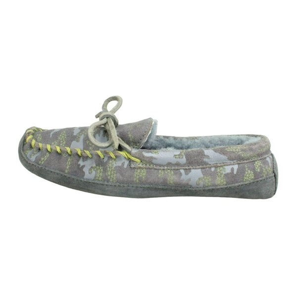 LL Bean Feldspar Camo Kids Gray Suede Wicked Good Shearling Lined Slippers Sz 4 - Picture 1 of 9